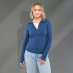 Lyon Stretch French Terry Full Zip Jacket for Women Embroidery - River Blue - Front On Model 2