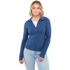 Lyon Stretch French Terry Full Zip Jacket for Women Embroidery - River Blue - Front On Model