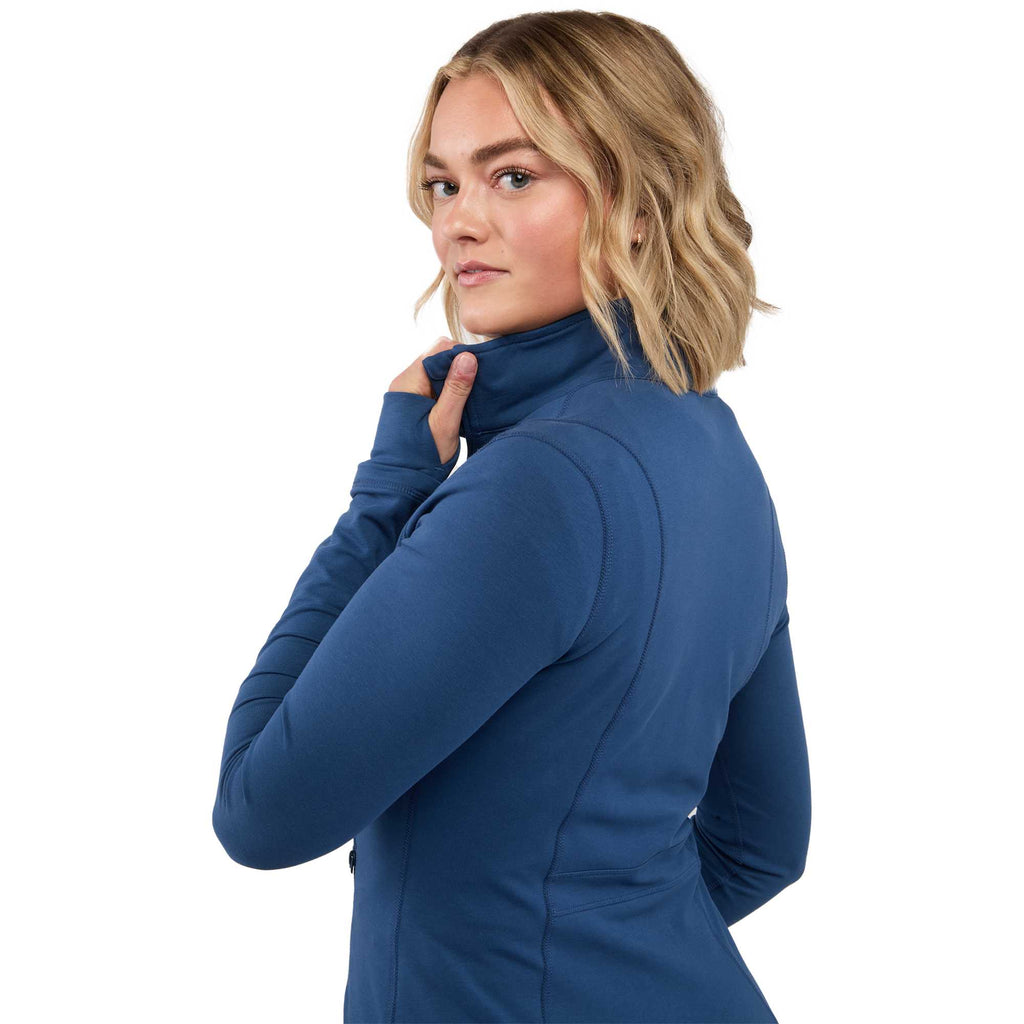 Lyon Stretch French Terry Full Zip Jacket for Women Embroidery - River Blue - Left Side Detail On Model