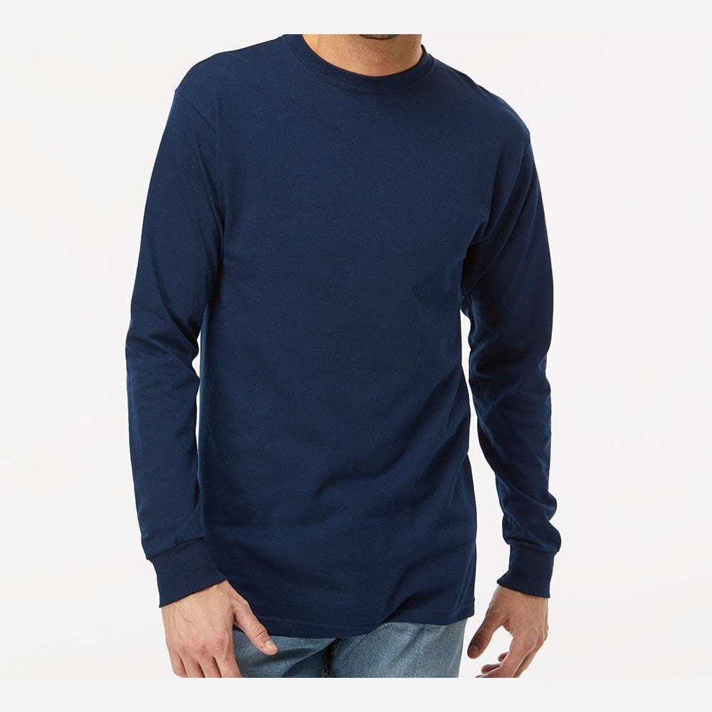 M&O Unisex Gold Soft Touch Long Sleeve T-Shirt - Deep Navy - On Model Front