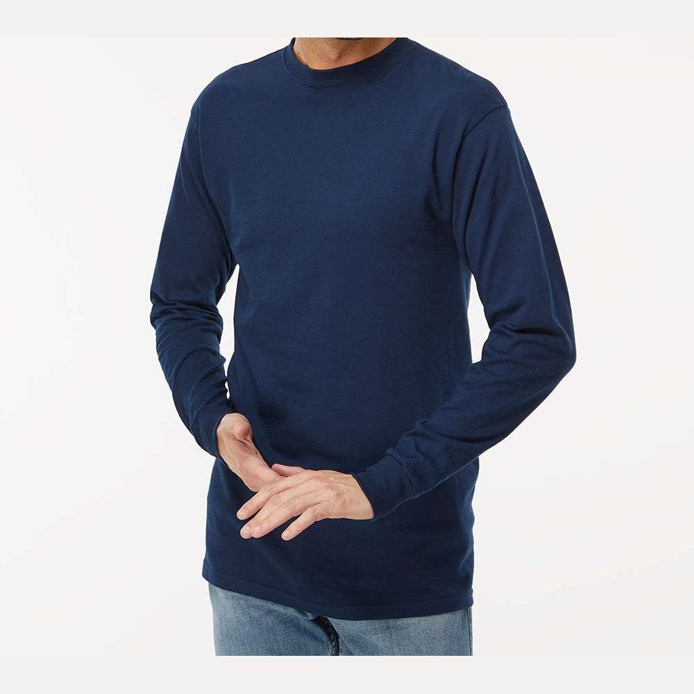 M&O Unisex Gold Soft Touch Long Sleeve T-Shirt - Deep Navy - On Model Side