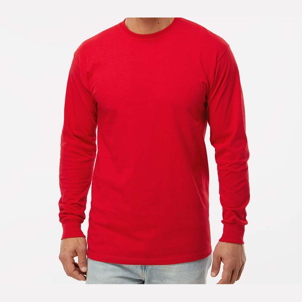 M&O Unisex Gold Soft Touch Long Sleeve T-Shirt - Deep Red - On Model Front