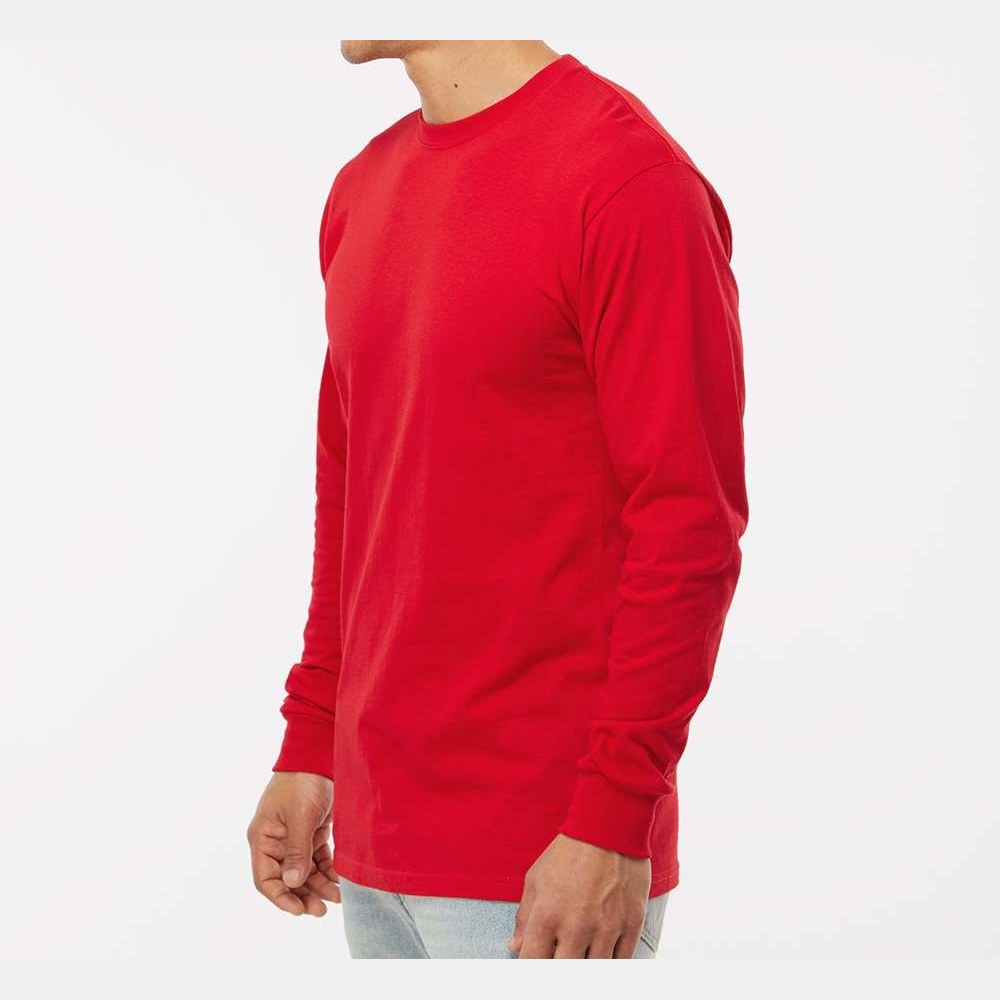 M&O Unisex Gold Soft Touch Long Sleeve T-Shirt - Deep Red - On Model Side