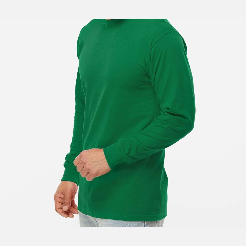 M&O Unisex Gold Soft Touch Long Sleeve T-Shirt - Fine Kelly Green - On Model Side