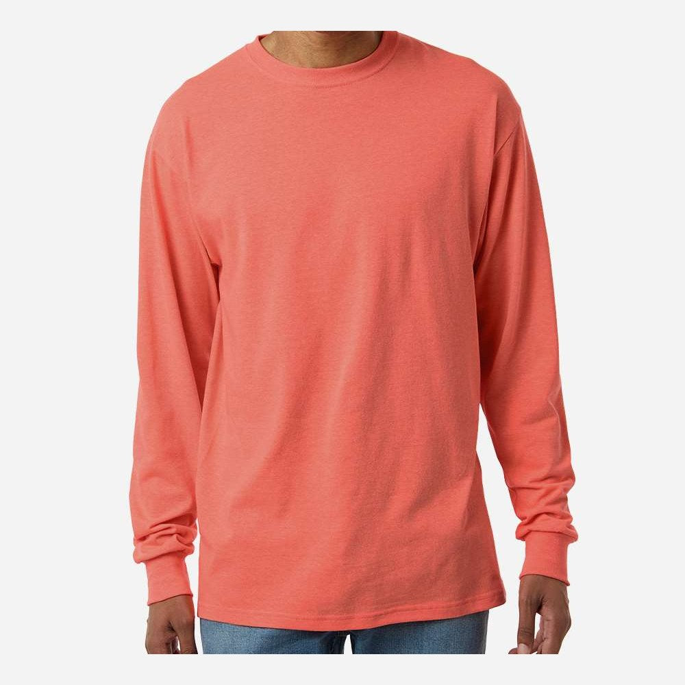 M&O Unisex Gold Soft Touch Long Sleeve T-Shirt - Heather Coral - On Model Front
