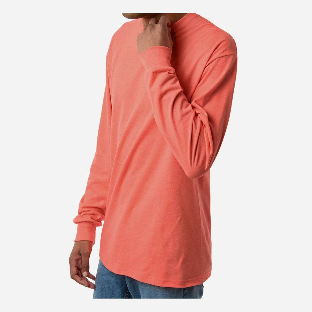 M&O Unisex Gold Soft Touch Long Sleeve T-Shirt - Heather Coral - On Model Side