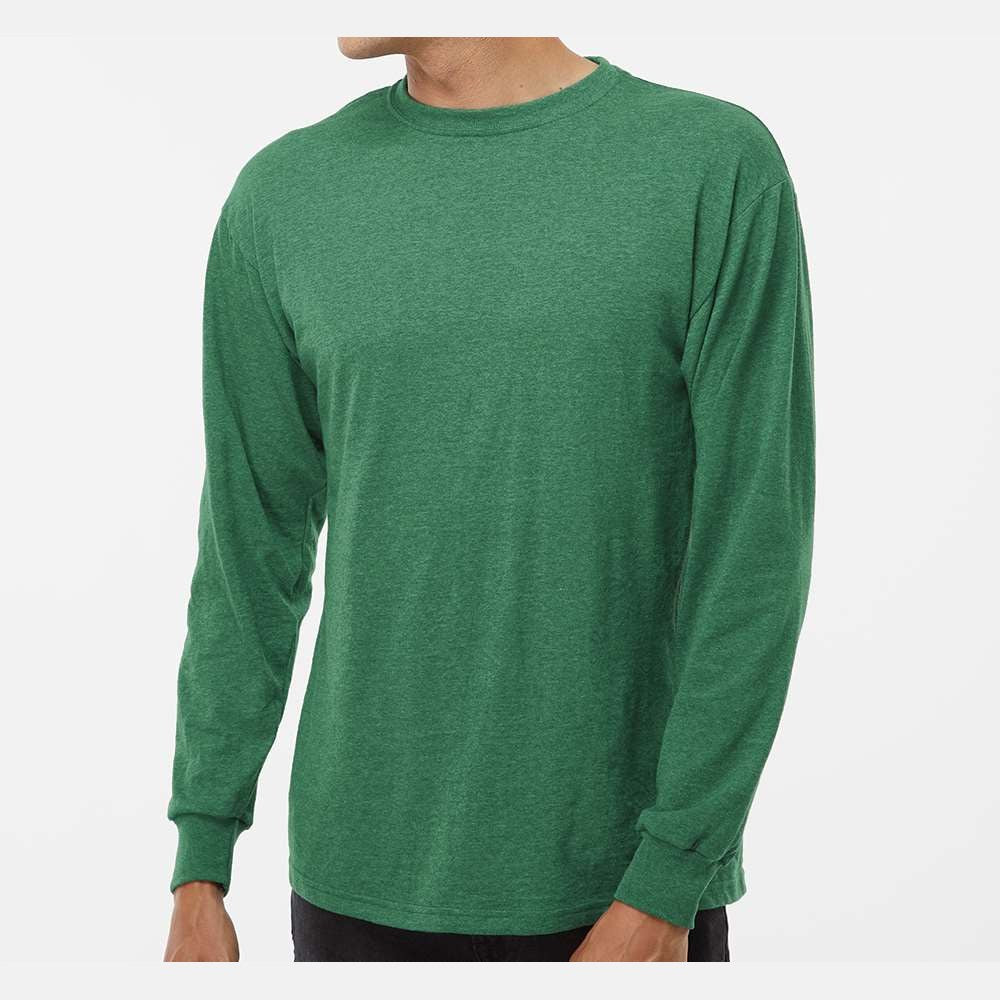 M&O Unisex Gold Soft Touch Long Sleeve T-Shirt - Heather Kelly Green - On Model Front