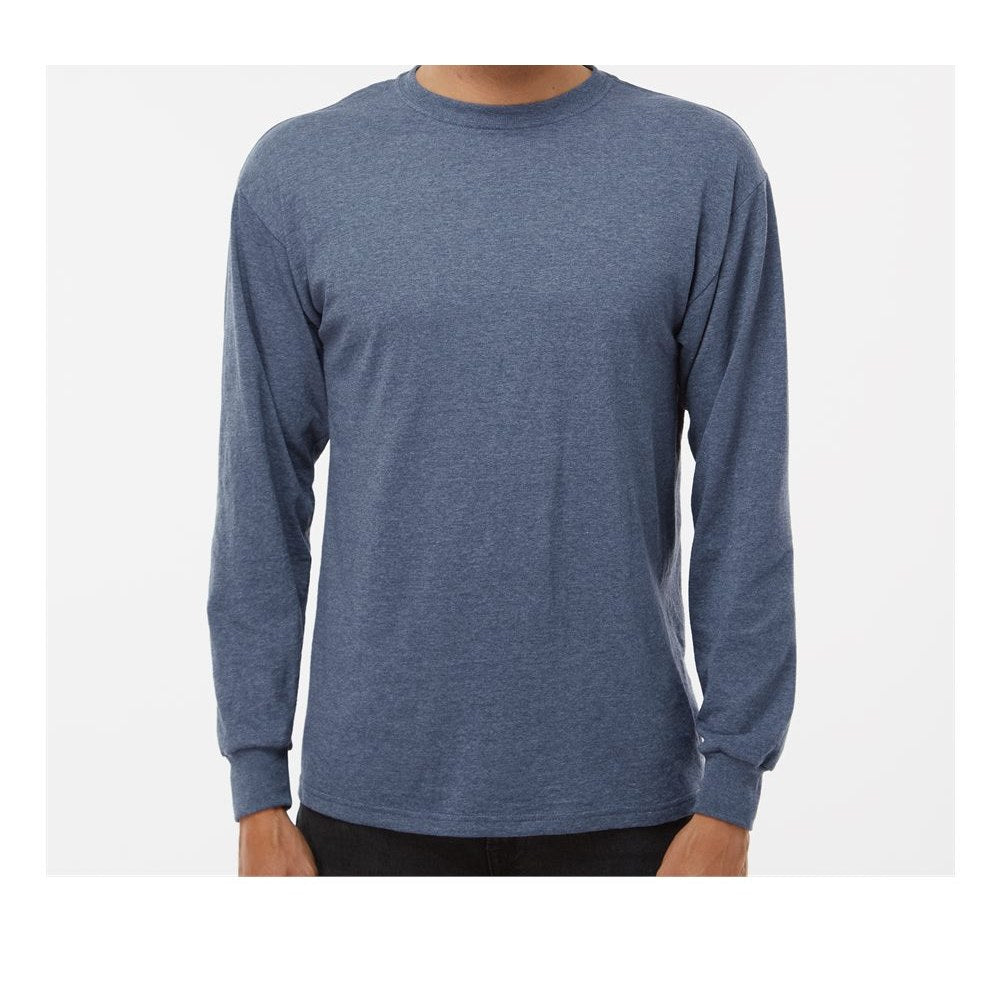 M&O Unisex Gold Soft Touch Long Sleeve T-Shirt - Heather Navy - On Model Front