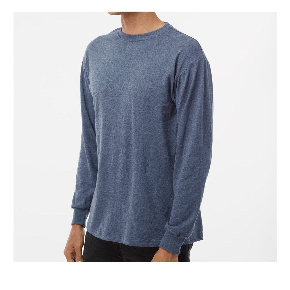 M&O Unisex Gold Soft Touch Long Sleeve T-Shirt - Heather Navy - On Model Side
