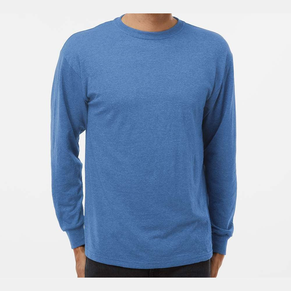 M&O Unisex Gold Soft Touch Long Sleeve T-Shirt - Heather Royal - On Model Front