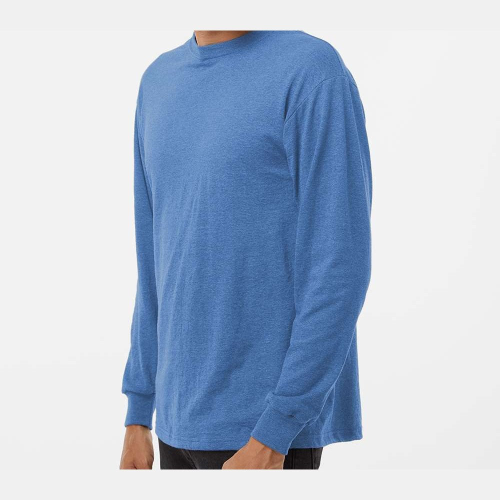 M&O Unisex Gold Soft Touch Long Sleeve T-Shirt - Heather Royal - On Model Side