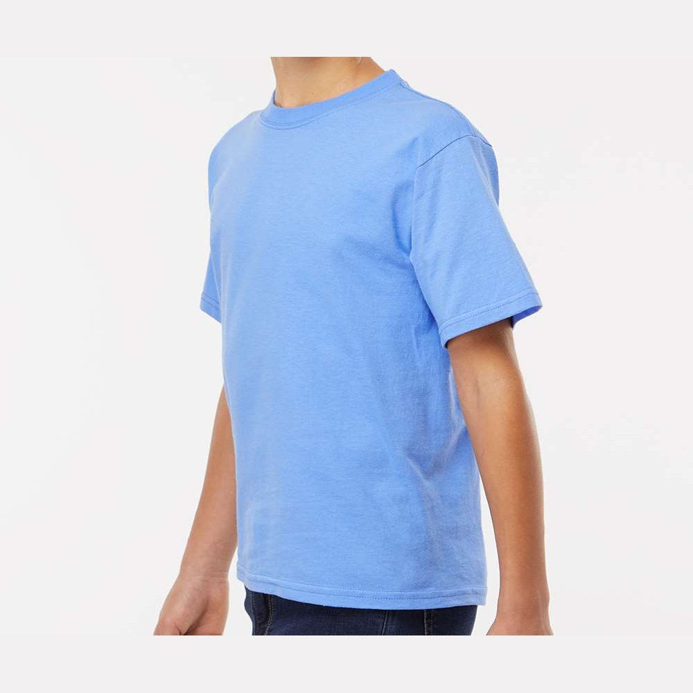 M&O Youth Gold Soft Touch T-Shirt - Carolina Blue - On Model Side