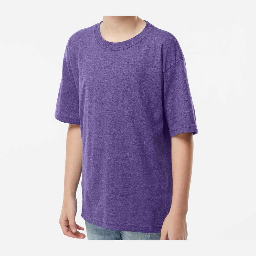 M&O Youth Gold Soft Touch T-Shirt - Heather Purple - On Model Side