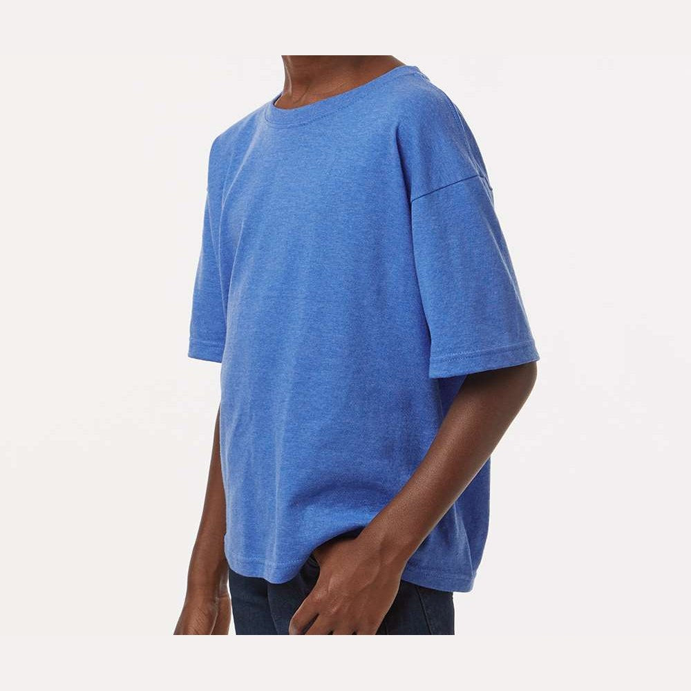 M&O Youth Gold Soft Touch T-Shirt - Heather Royal - On Model Side