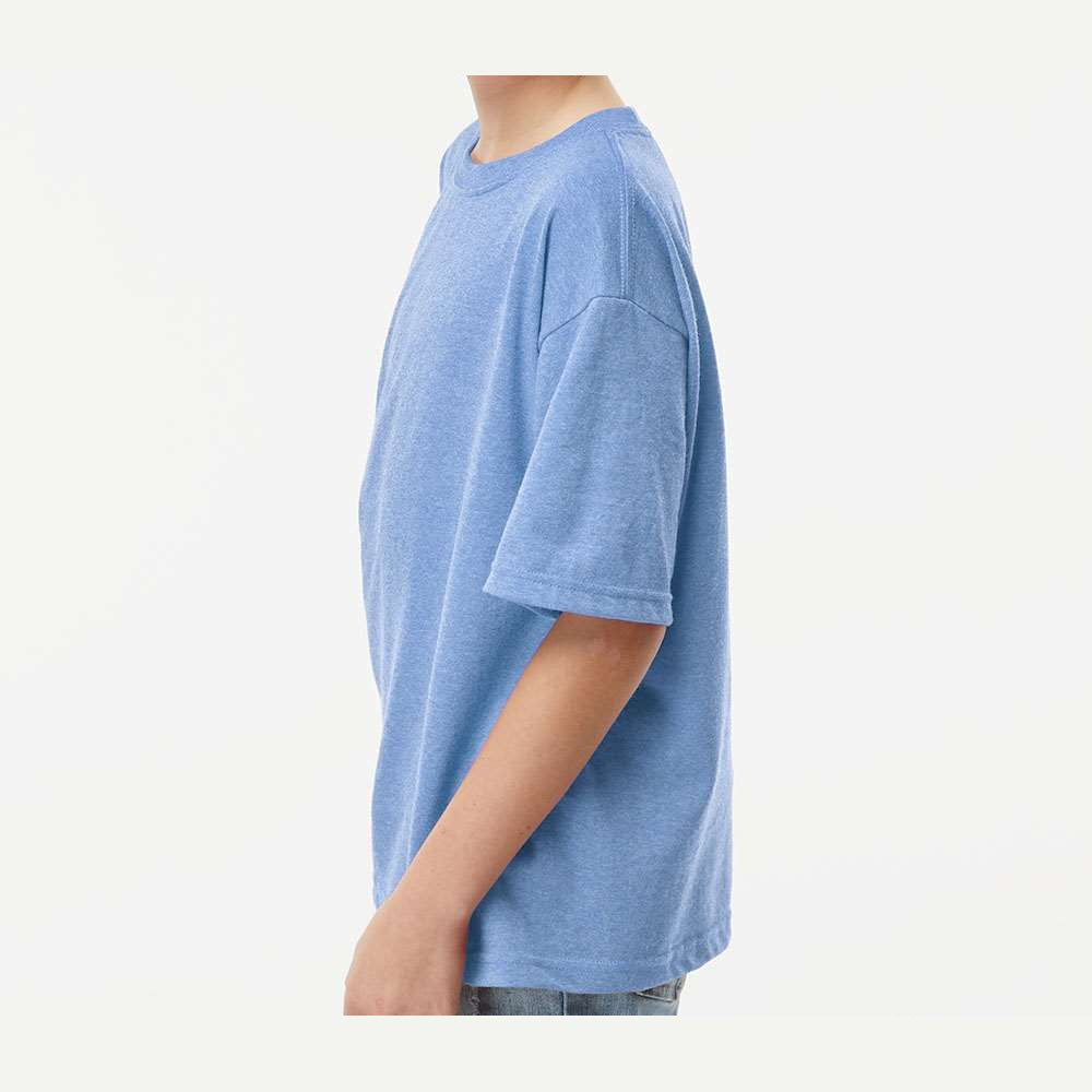 M&O Youth Gold Soft Touch T-Shirt - Light Blue Heather - On Model Side