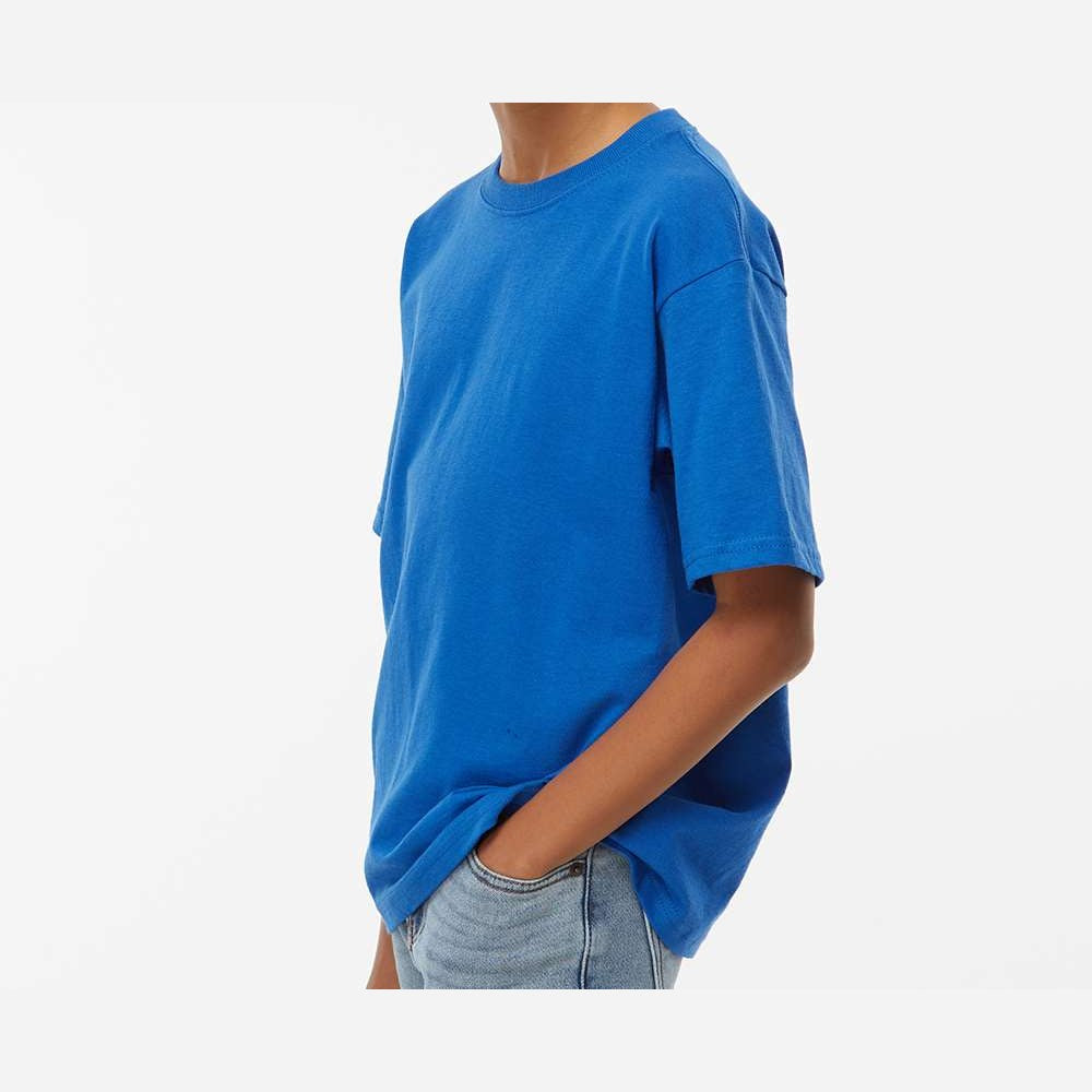 M&O Youth Gold Soft Touch T-Shirt - Royal - On Model Side