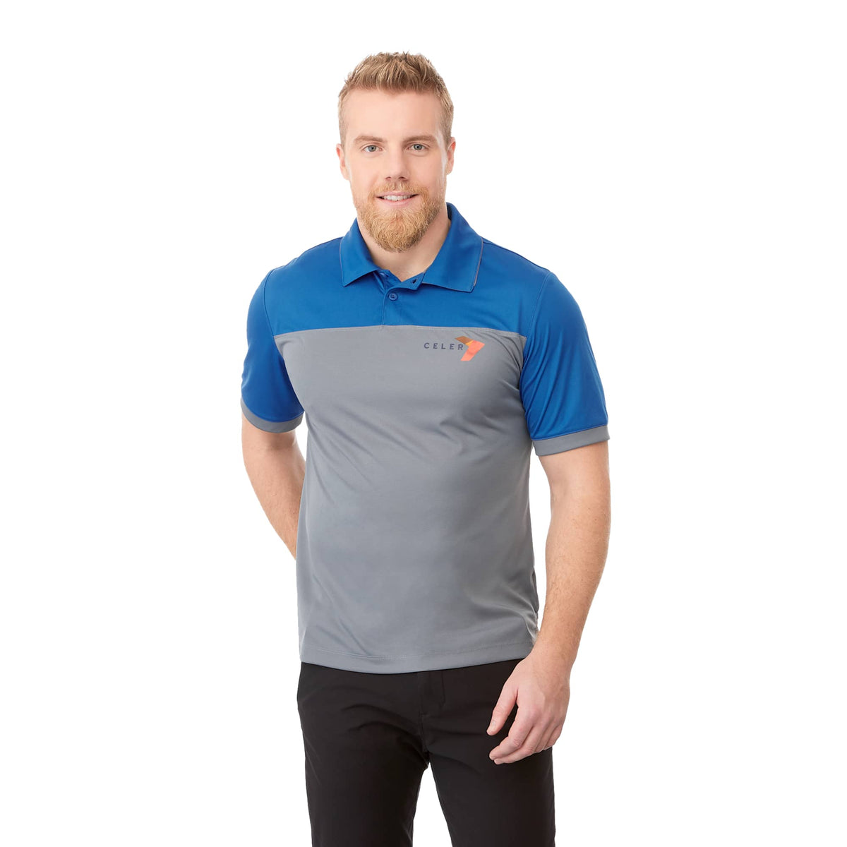 Mack Colorblock Performance Polo for Men Embroidery - Olympic Blue/Steel Grey - Front On Model