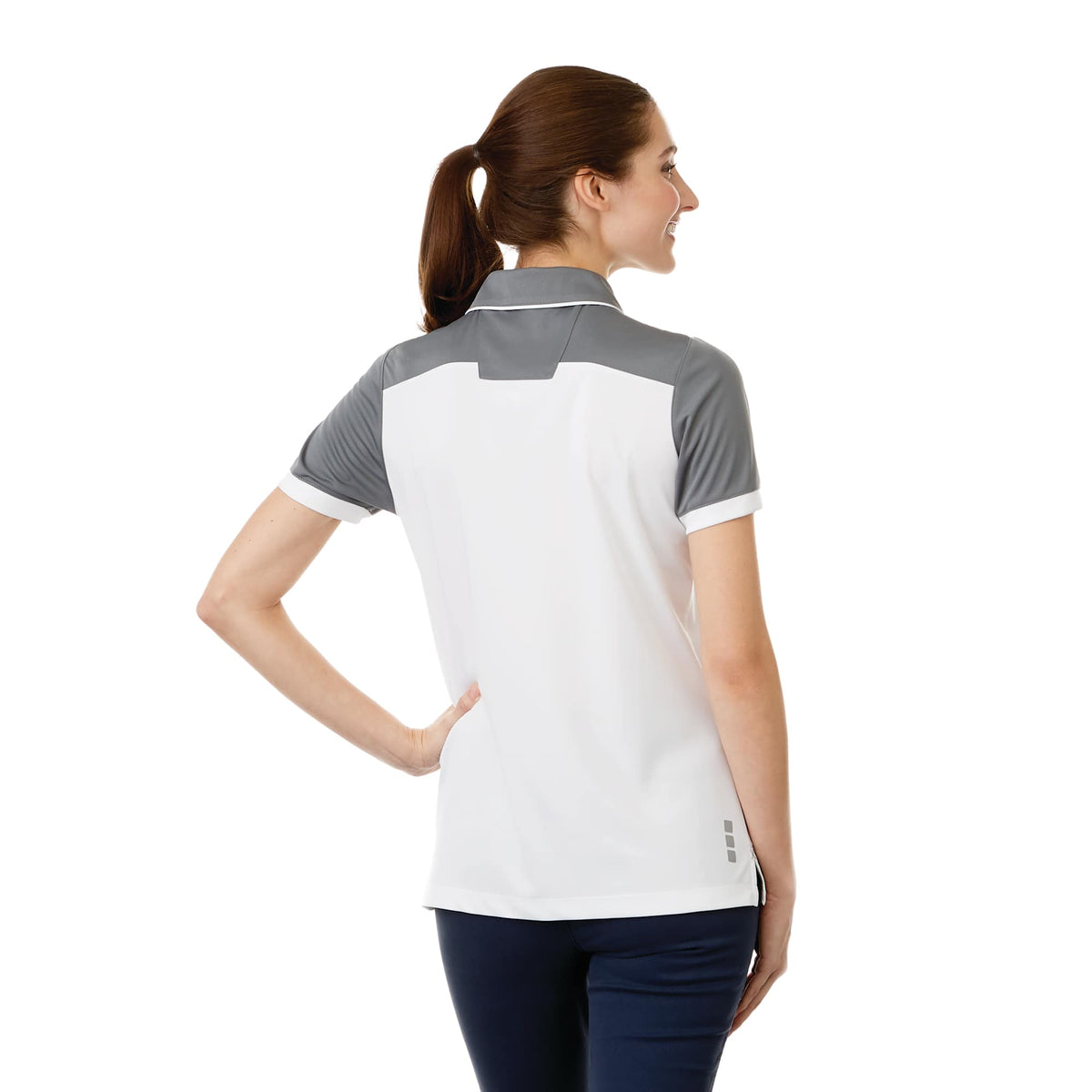 Mack Colorblock Polo for Women Laser Engraving - Steel Grey/White - Back On Model