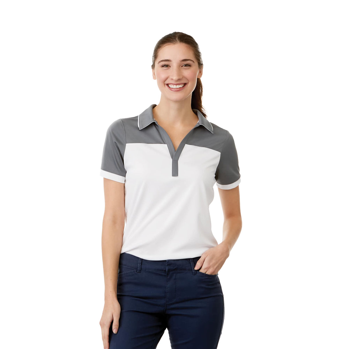 Mack Colorblock Polo for Women Laser Engraving - Steel Grey/White - Front On Model