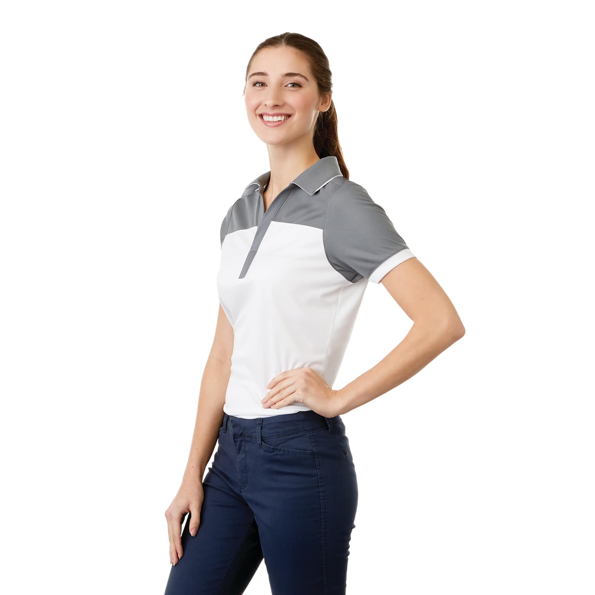 Mack Colorblock Polo for Women Transfer - Steel Grey/White - On Model