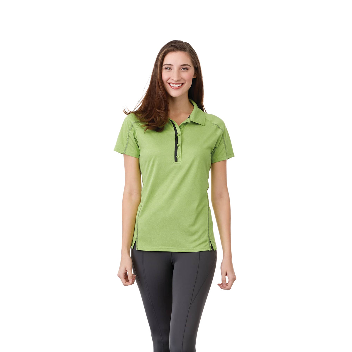 Macta Heathered Polo with Contrast Placket for Women Debossing - Apple Heather/Black Smoke - Front On Model