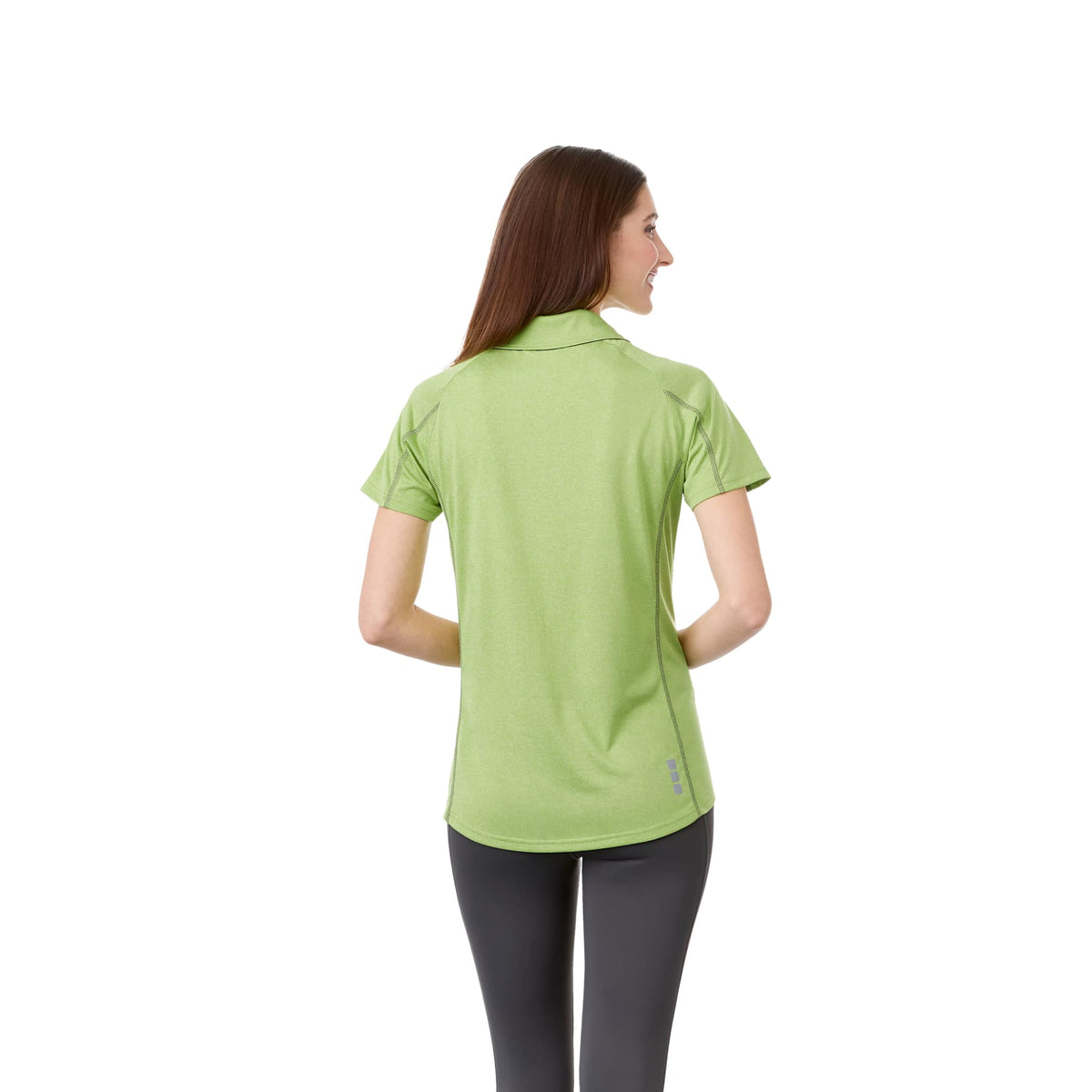 Macta Heathered Polo with Contrast Placket for Women Transfer - Apple Heather/Black Smoke - Back On Model