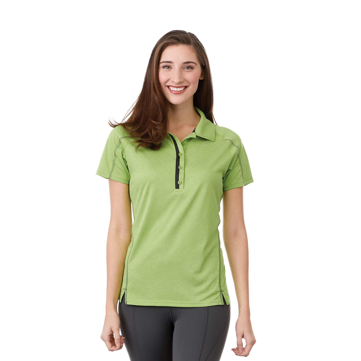 Macta Heathered Polo with Contrast Placket for Women Transfer - Apple Heather/Black Smoke - Front On Model 2