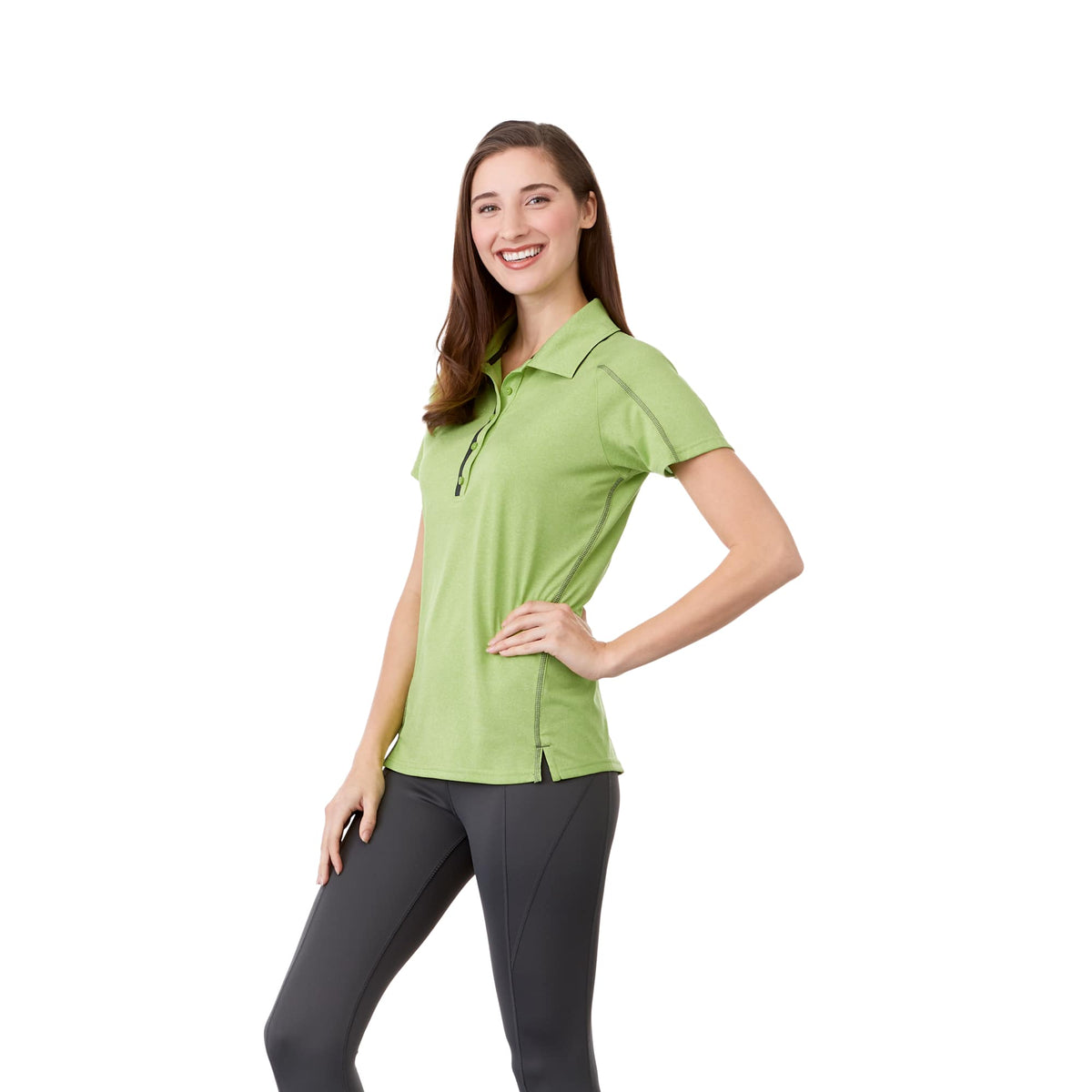 Macta Heathered Polo with Contrast Placket for Women Transfer - Apple Heather/Black Smoke - On Model