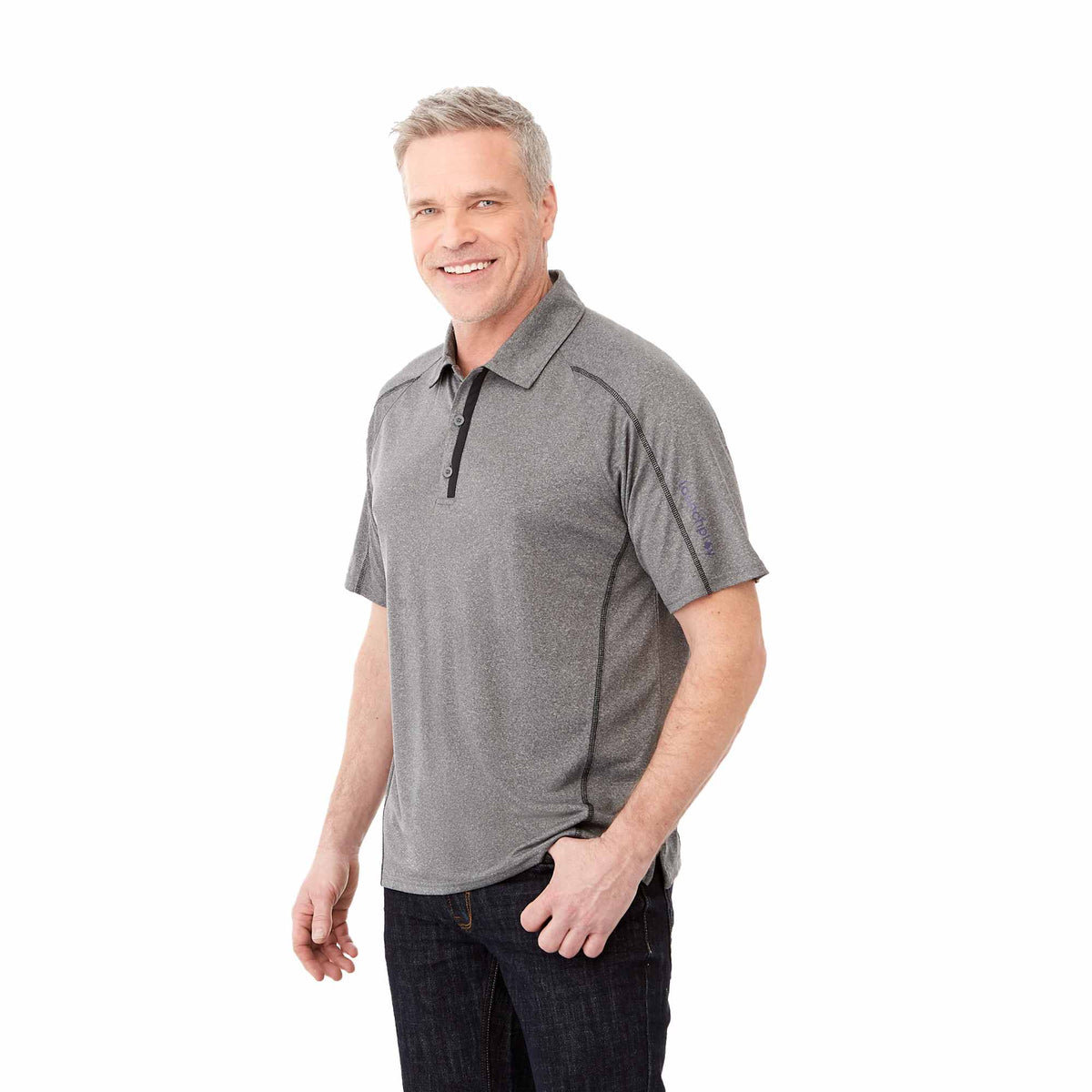 Macta Polo with Contrast Stitching for Men Embroidery - Heather Dk Charcoal/Black Smk - On Model