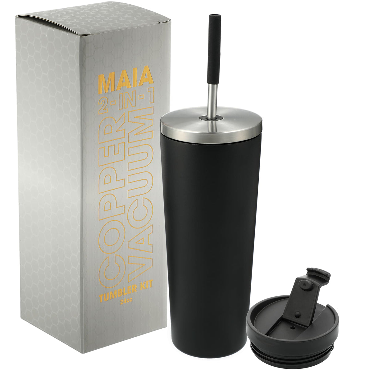 Maia Copper Insulated Tumbler with Two Lids, 24 oz Full Color - Black - Front 3