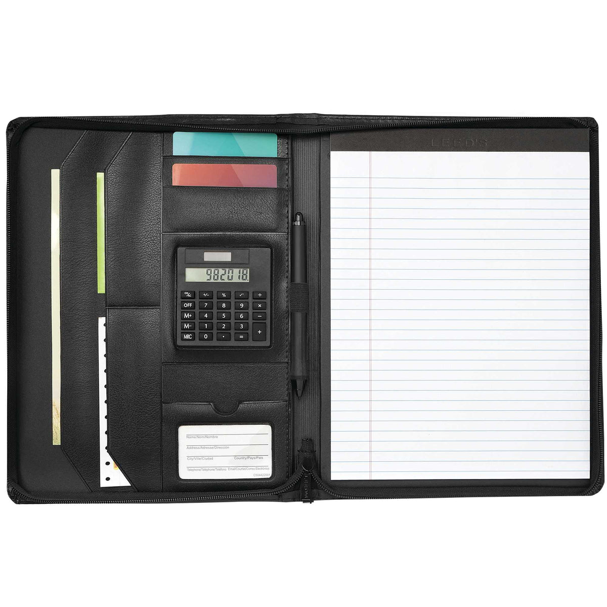 Manchester Zippered Padfolio with Solar Calculator - Black - Front 2