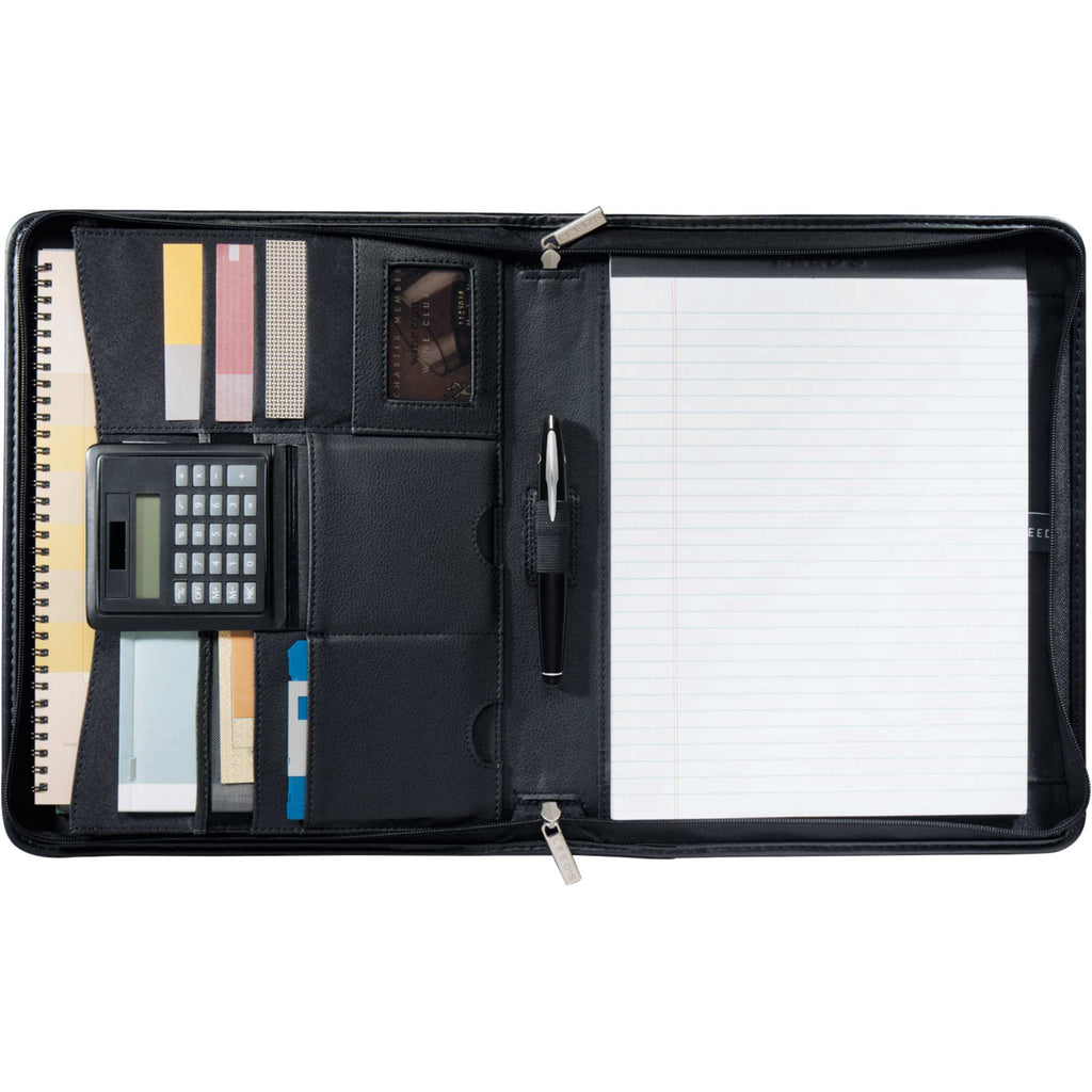 Manhattan Pebble Grain Leather Zippered Padfolio Debossing - Black - Front 2