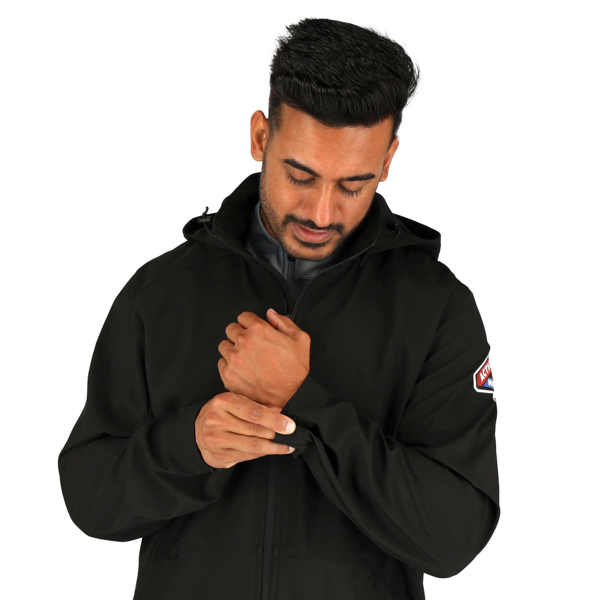 Manzano Recycled Stretch Softshell Jacket for Men Debossing - Black - On Model 4