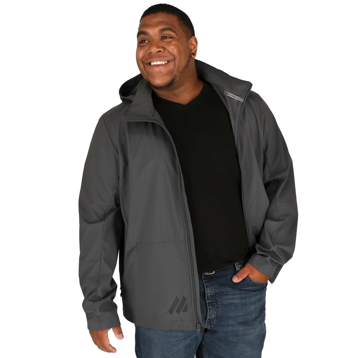 Manzano Recycled Stretch Softshell Jacket for Men Laser Engraving - Grey Storm - On Model 3