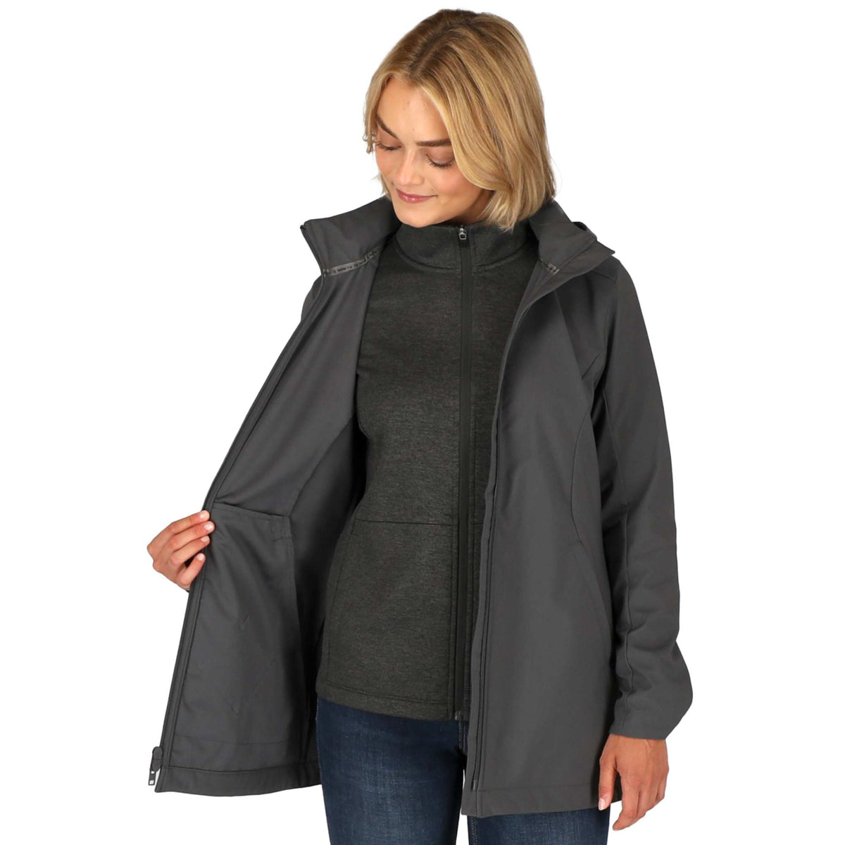 Manzano Recycled Stretch Softshell Jacket for Women Debossing - Grey Storm - On Model 7