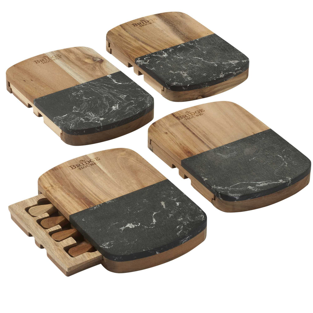 Marble and Acacia Cheese Board with Knife Drawer Laser Engraving - Natural - Left Angle 2