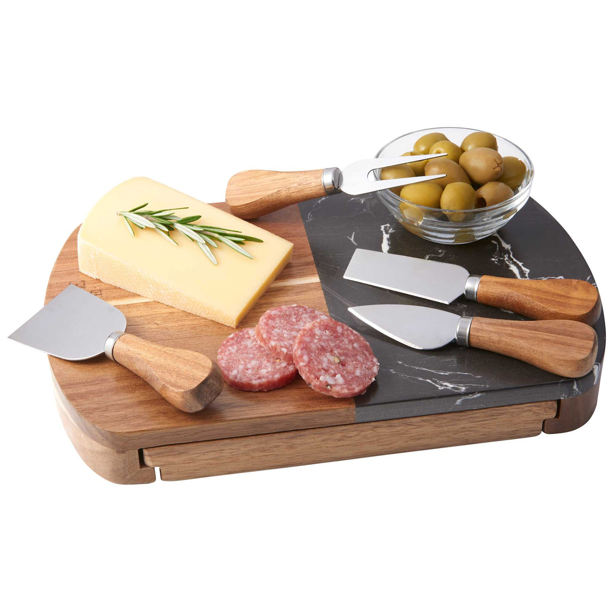 Marble and Acacia Cheese Board with Knife Drawer Laser Engraving - Natural - Photo 3