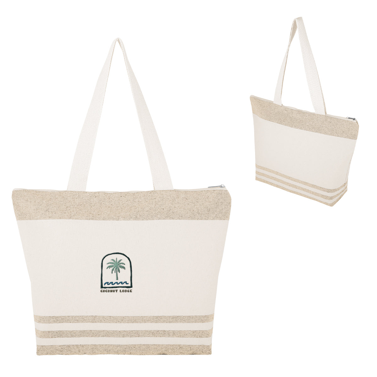 Marlo Recycled Cotton Zippered Tote Bag, 10 oz Embroidery - Natural with Beige - Embroidery
