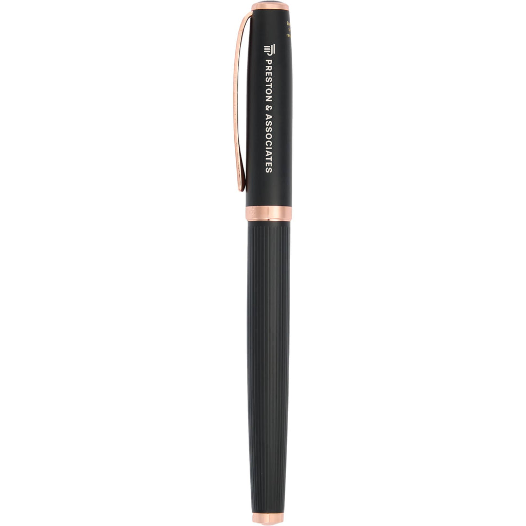 Matte Black Rollerball Pen in Recycled Brass with Rose Gold Trim Laser Engraving - Black - Front