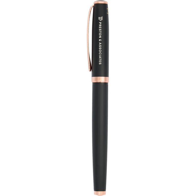 Matte Black Rollerball Pen in Recycled Brass with Rose Gold Trim Laser Engraving