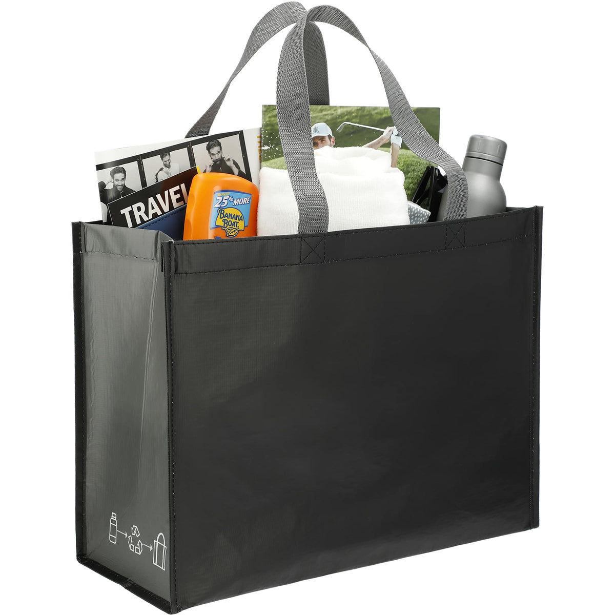 Matte Laminated Shopper Tote in Recycled PET - Black/Gray - Right Angle 4