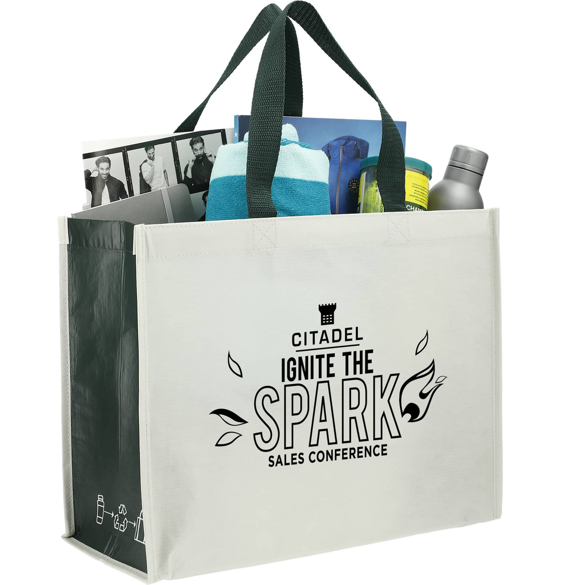 Matte Laminated Shopper Tote in Recycled PET - Natural/Hunter Green - Right Angle 2