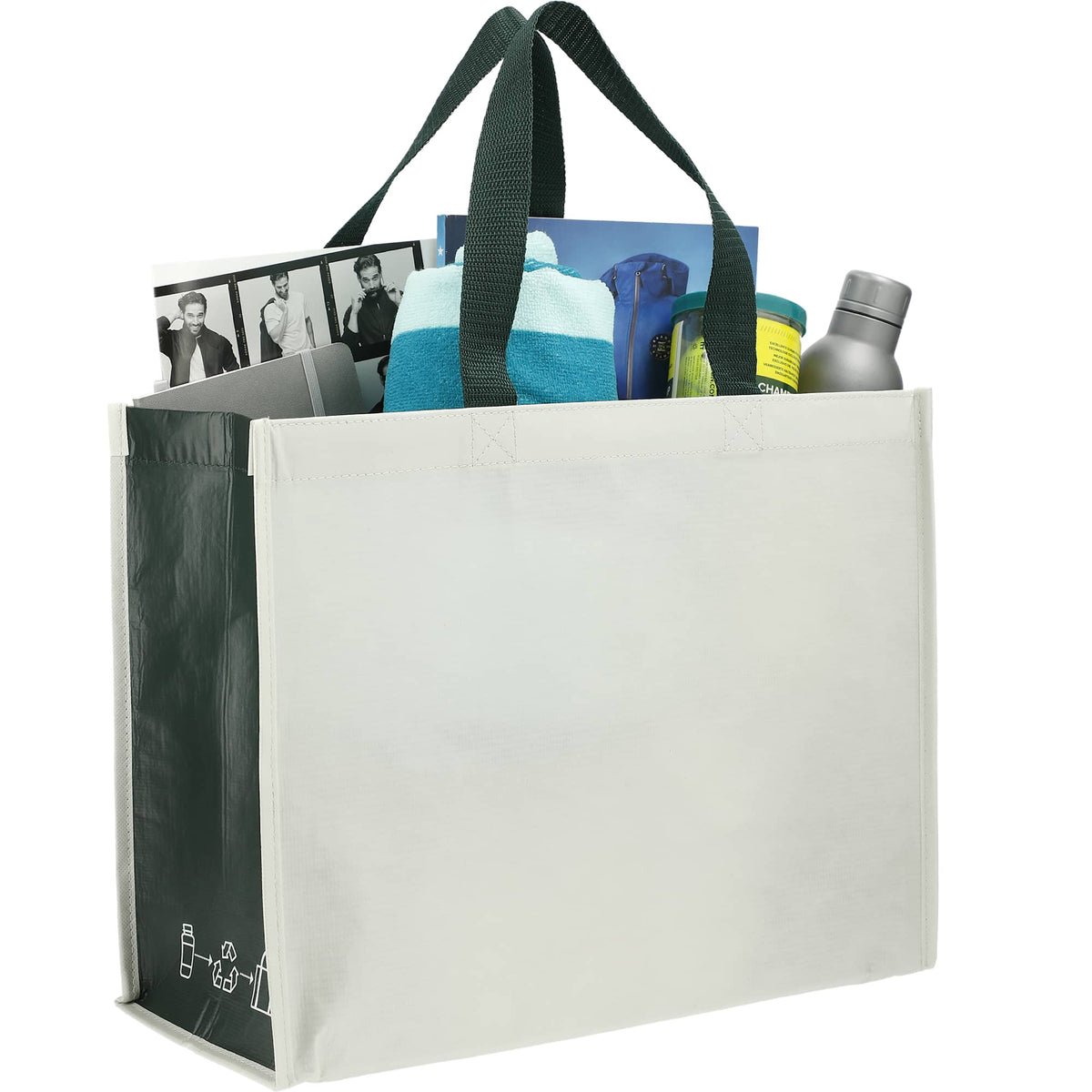 Matte Laminated Shopper Tote in Recycled PET - Natural/Hunter Green - Right Angle 4