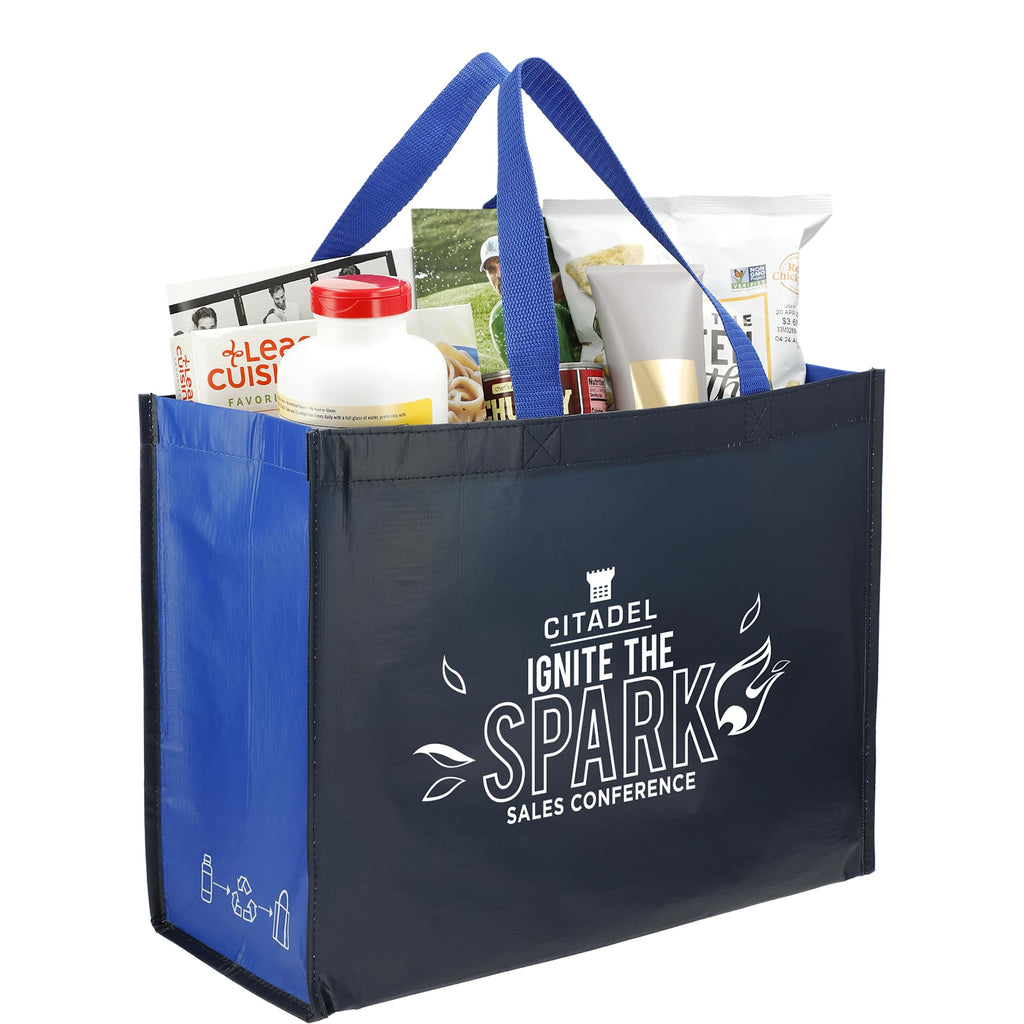 Matte Laminated Shopper Tote in Recycled PET - Navy/Royal - Right Angle 2