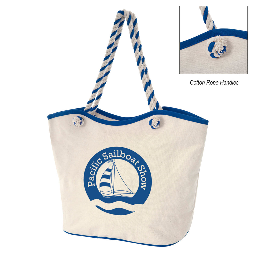 Maui Laminated Cotton Tote Bag, 8 oz - Natural with Blue - Silk Screen