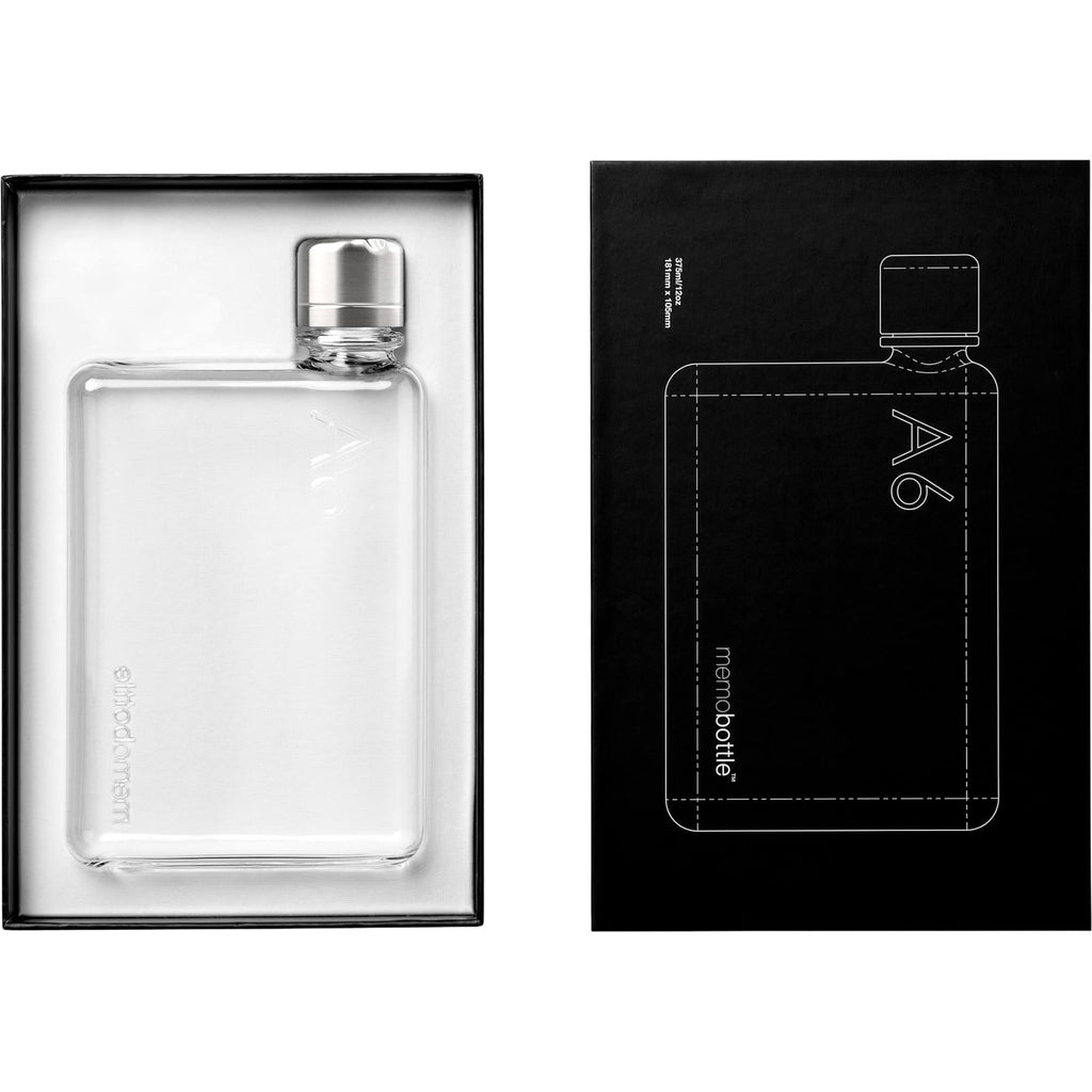 memobottle A6 Flat Water Bottle in Tritan, 12 oz - Clear - Front Packaging