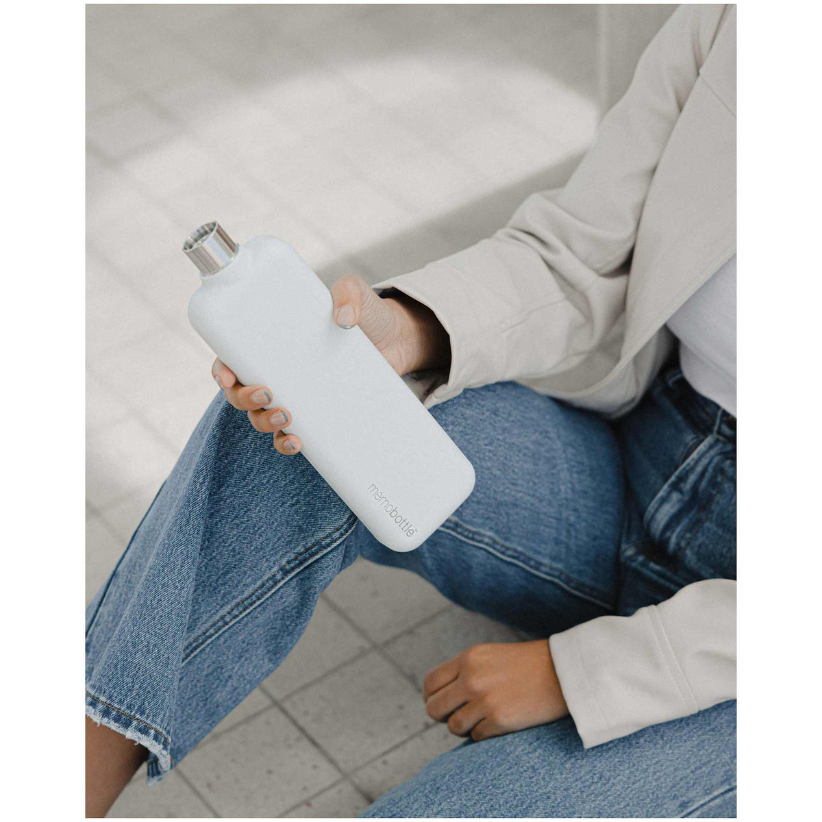 memobottle Slim Flat Stainless Steel Bottle, 20 oz Full Color - White - Front Lifestyle 2