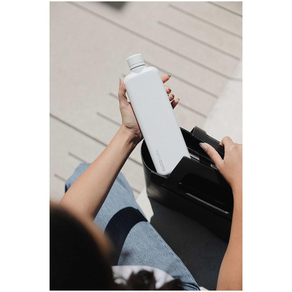 memobottle Slim Flat Stainless Steel Bottle, 20 oz Full Color - White - Front Lifestyle