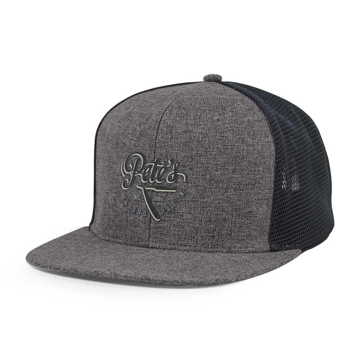Merrimack Hat Co. Axel Flat Brim Trucker Cap Embroidery - Heather Grey/Black - View 1