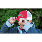 Merrimack Hat Co. Colt Cotton Trucker Cap, Mid Profile Transfer - Scarlet/White - View 5